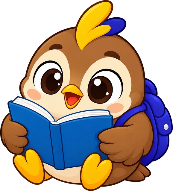 La mascota de Escolea, una cigua palmera con mochila, leyendo un libro.